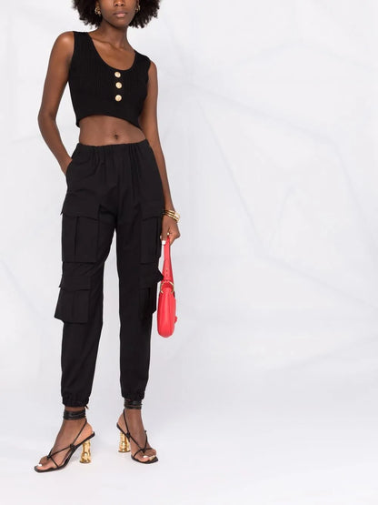 Logo-Button Cropped Sleeveless Knitted Top