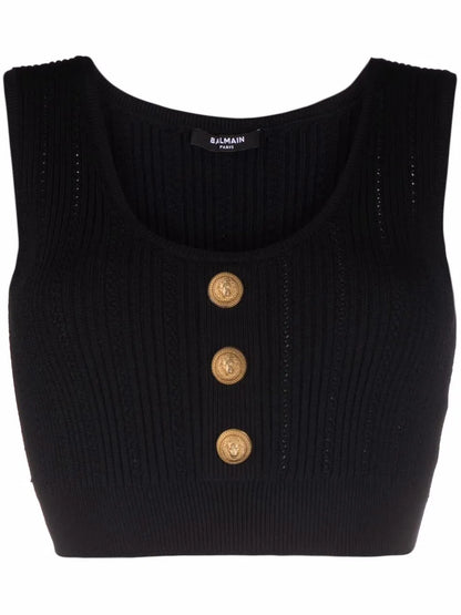 Logo-Button Cropped Sleeveless Knitted Top