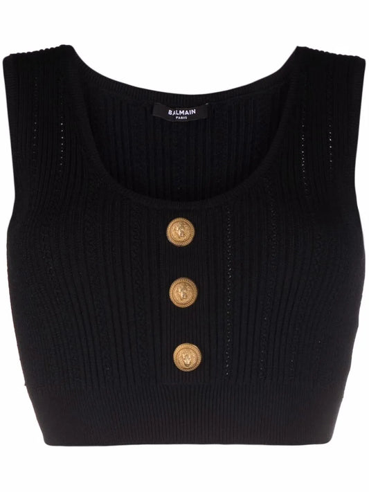 Logo-Button Cropped Sleeveless Knitted Top