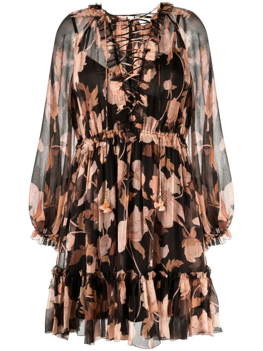 Concert Lace-Up Floral-Print Dress