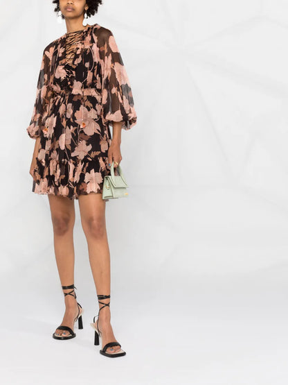 Concert Lace-Up Floral-Print Dress