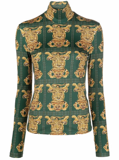 Tiger Tile-Print Turtleneck Top