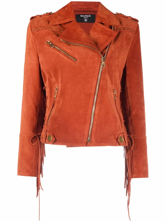 Fringed Suede Asymmetric-Zip Biker Jacket