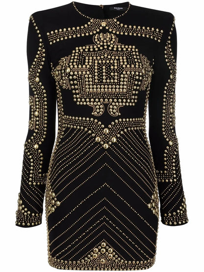 Stud-Embellished Long-Sleeve Dress