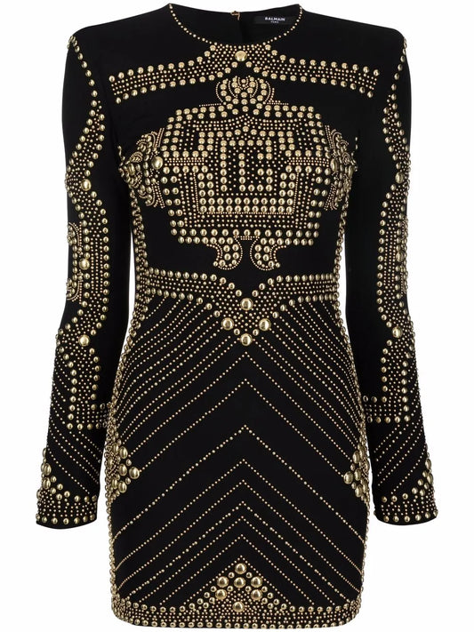 Stud-Embellished Long-Sleeve Dress