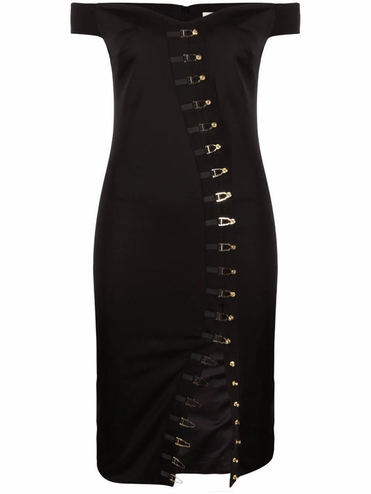 Off-Shoulder Hook Fastening Midi Dress