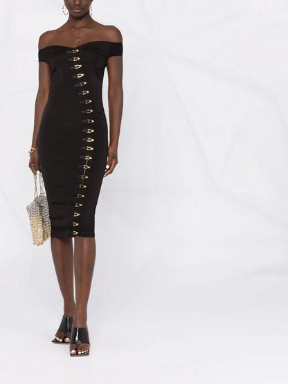 Off-Shoulder Hook Fastening Midi Dress