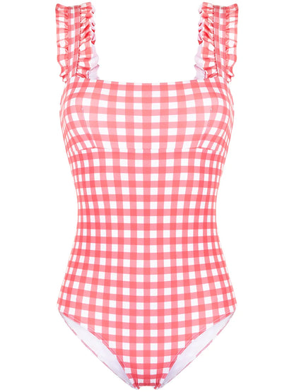 Checked Ruffle-Trimmed Swimsuit