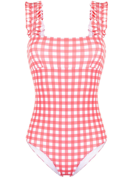 Checked Ruffle-Trimmed Swimsuit