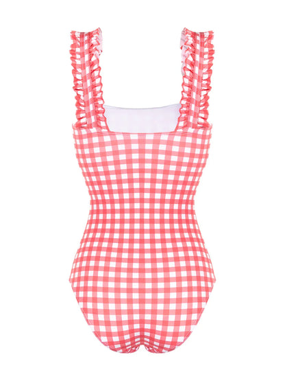 Checked Ruffle-Trimmed Swimsuit