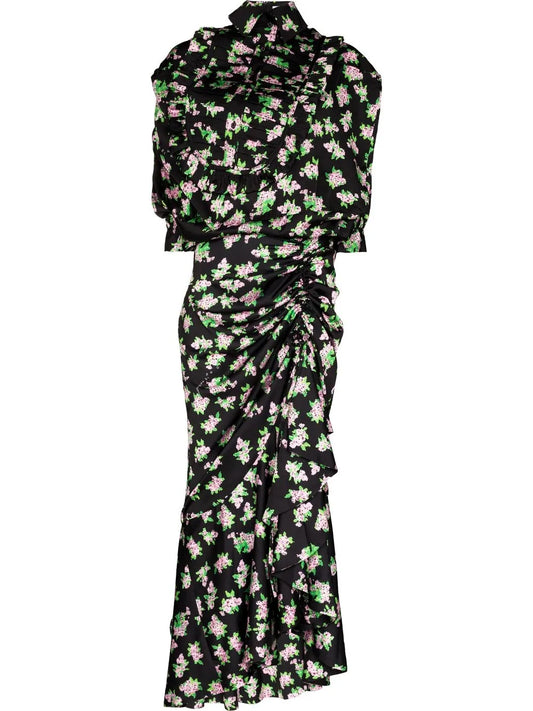 Pixel Flower-Print Draped Maxi Dress