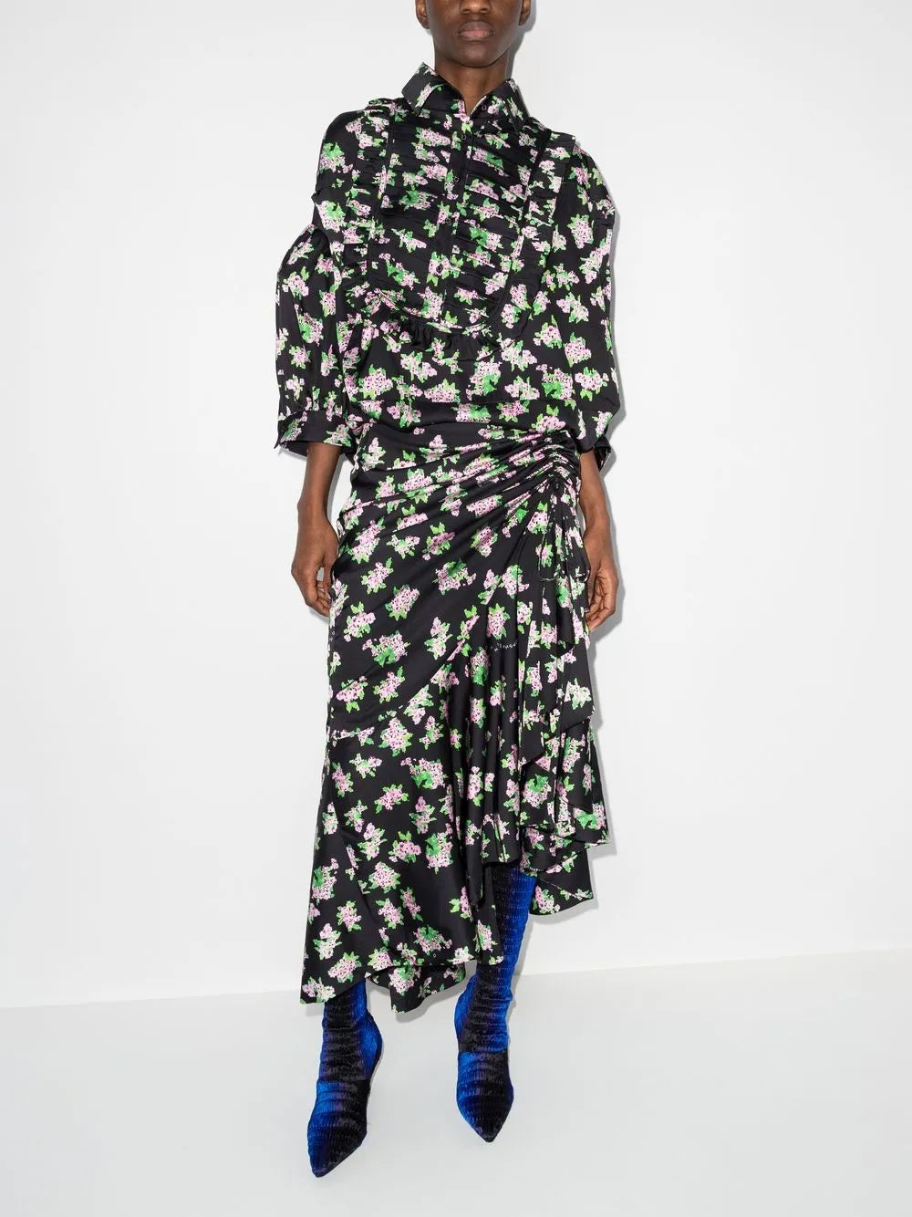 Pixel Flower-Print Draped Maxi Dress