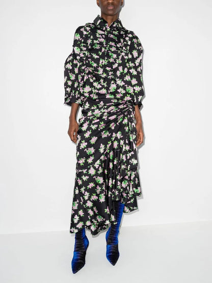 Pixel Flower-Print Draped Maxi Dress
