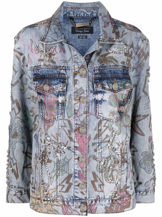 Monogram Tattoo-Print Oversize Denim Jacket