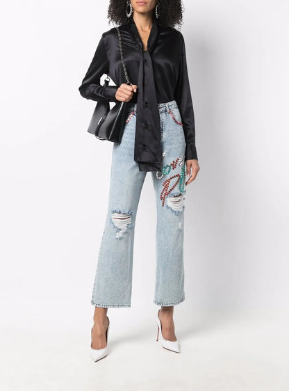 Stud-Embellished Wide-Leg Jeans