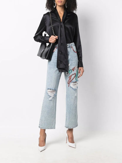 V-Neck Pussybow Silk Blouse