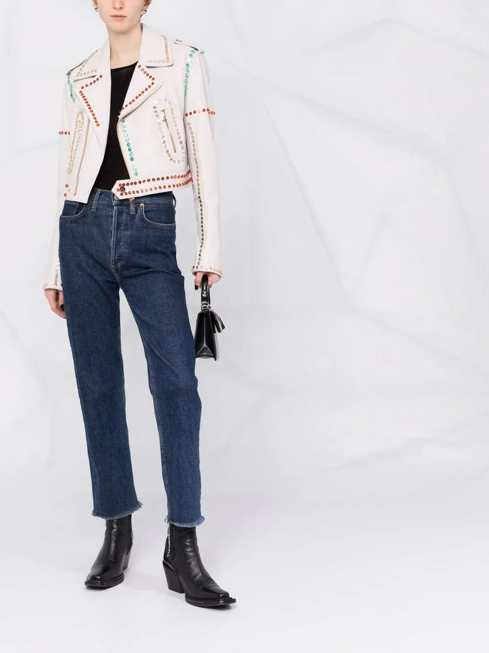Crystal-Trim Studded Cropped Biker Jacket