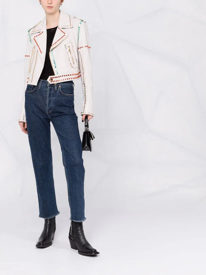 Crystal-Trim Studded Cropped Biker Jacket