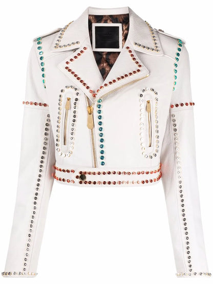 Crystal-Trim Studded Cropped Biker Jacket