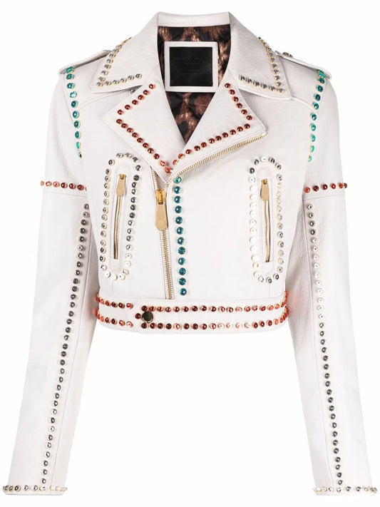Crystal-Trim Studded Cropped Biker Jacket