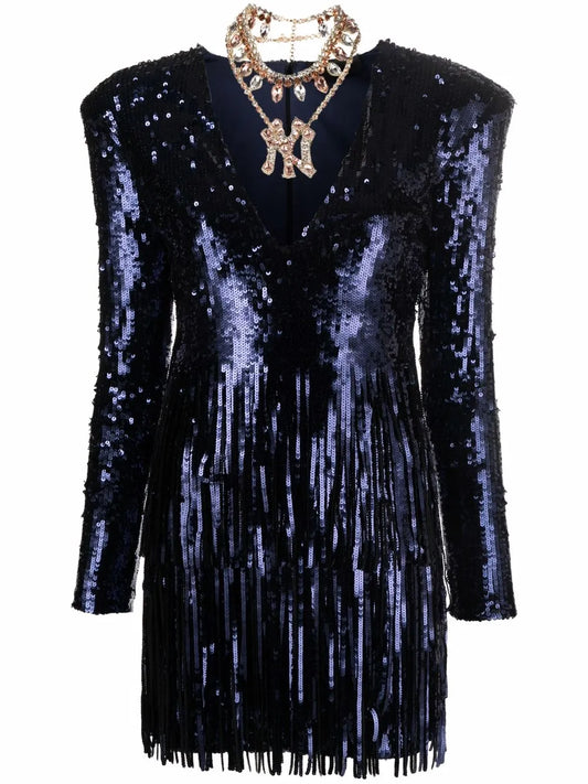 Sequin-Embellished V-Neck Mini Dress