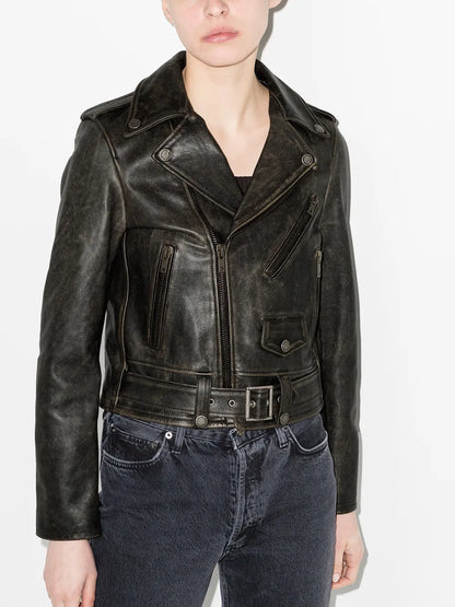 Distressed-Effect Leather Biker Jacket