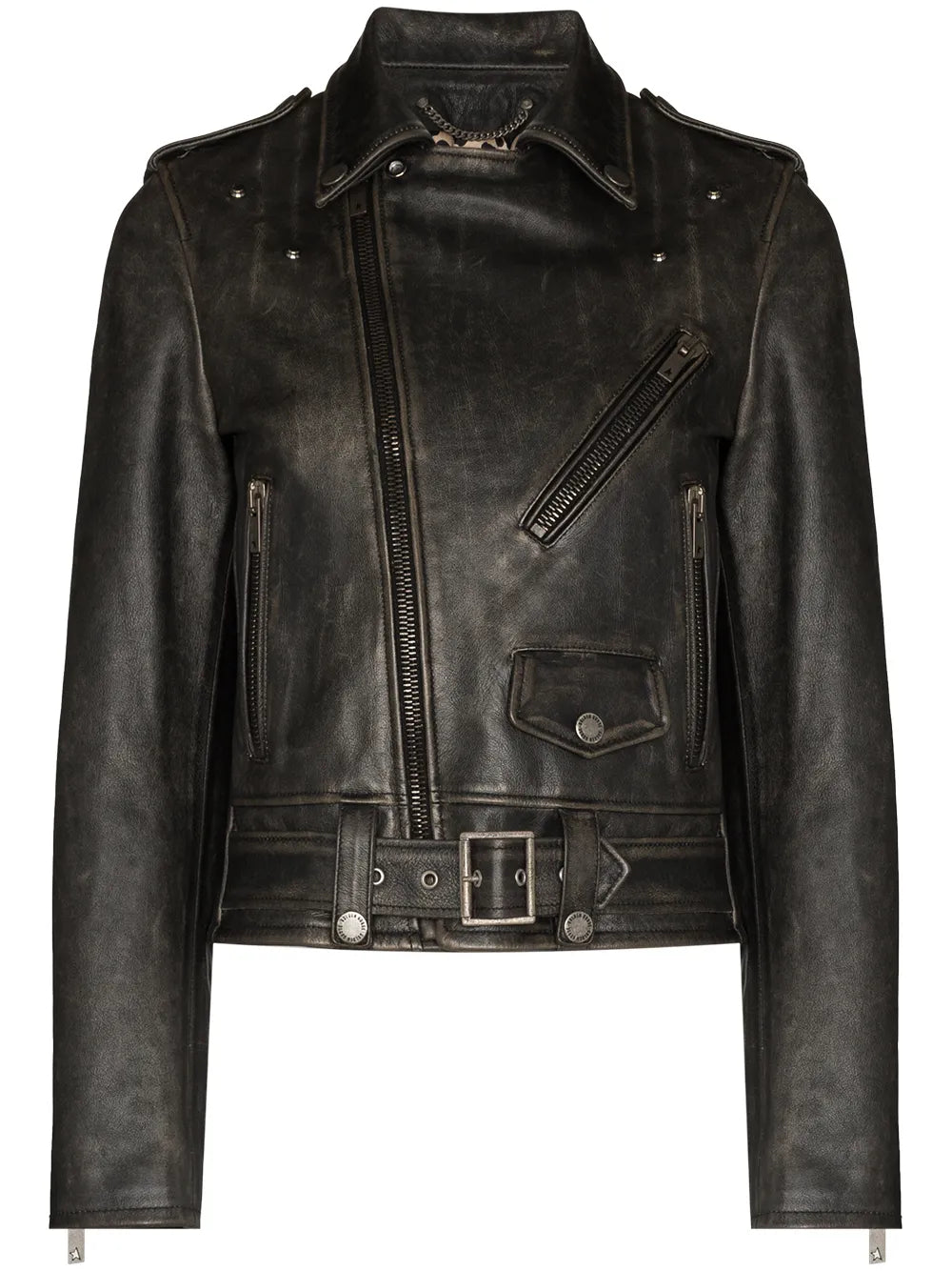 Distressed-Effect Leather Biker Jacket