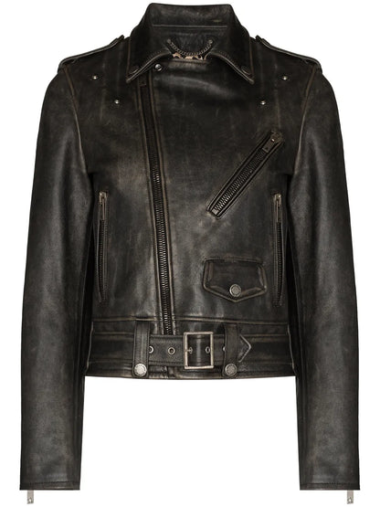 Distressed-Effect Leather Biker Jacket