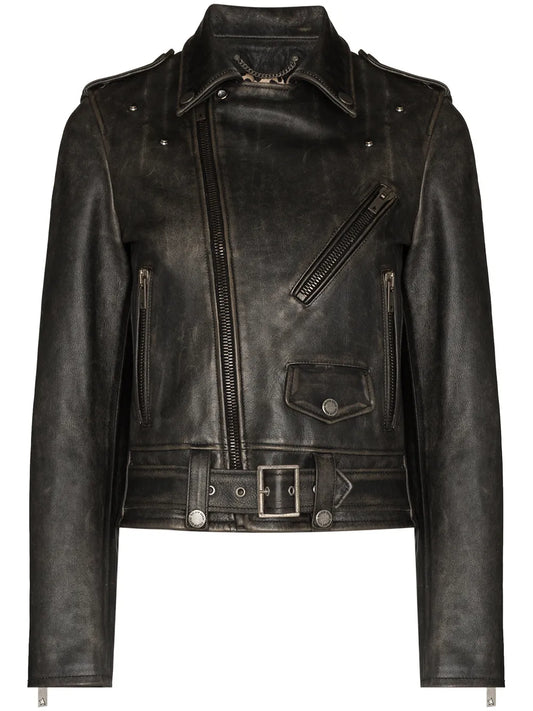 Distressed-Effect Leather Biker Jacket