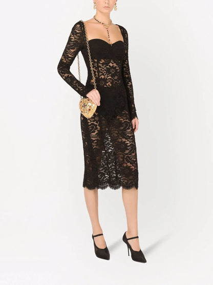 Scallop-Hem Lace Midi Dress