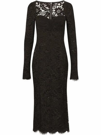 Scallop-Hem Lace Midi Dress