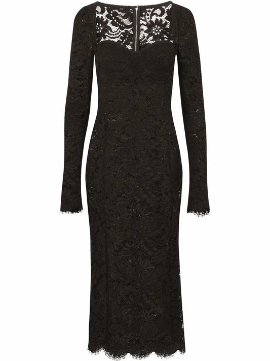 Scallop-Hem Lace Midi Dress