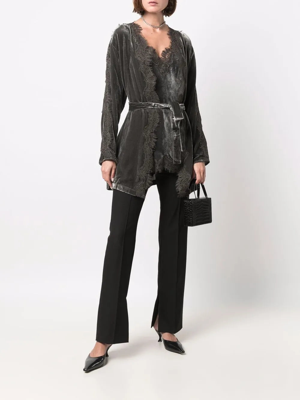 Lace-Trim Belted Coat