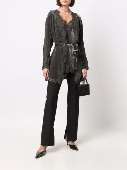 Lace-Trim Belted Coat