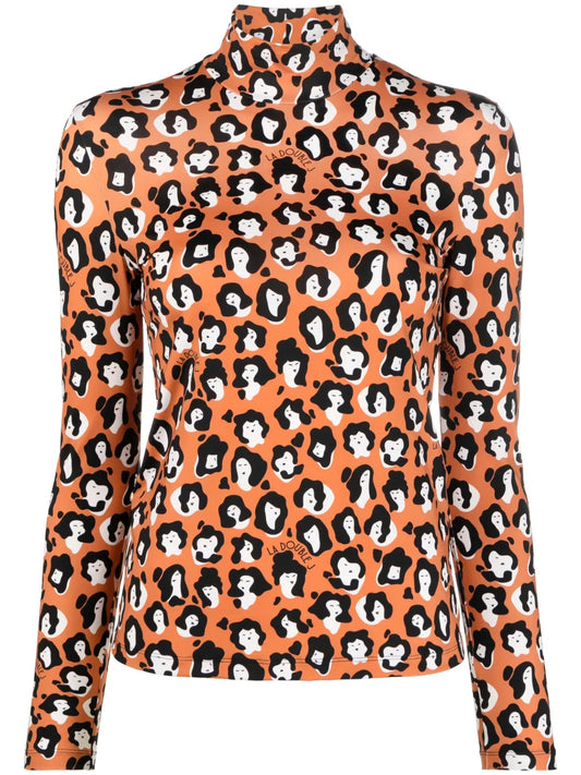 Face-Animal Print Turtleneck Top
