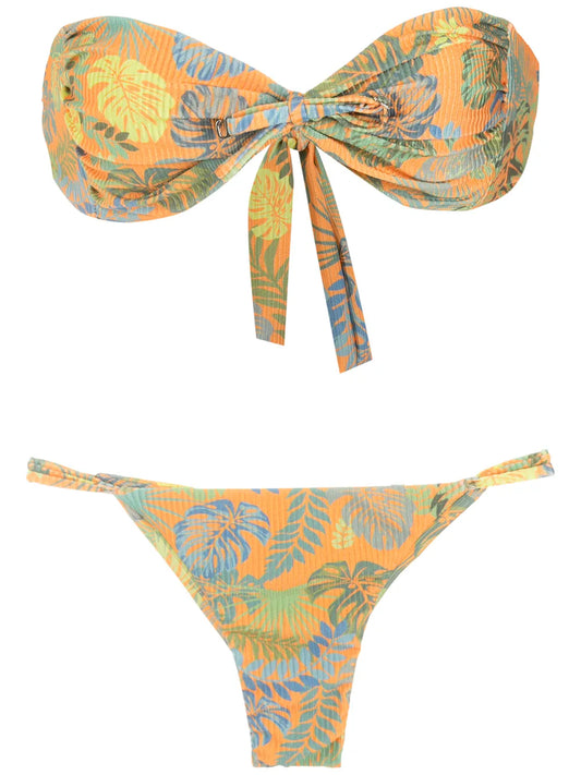 Palm Leaf Print Bandeau Bikini
