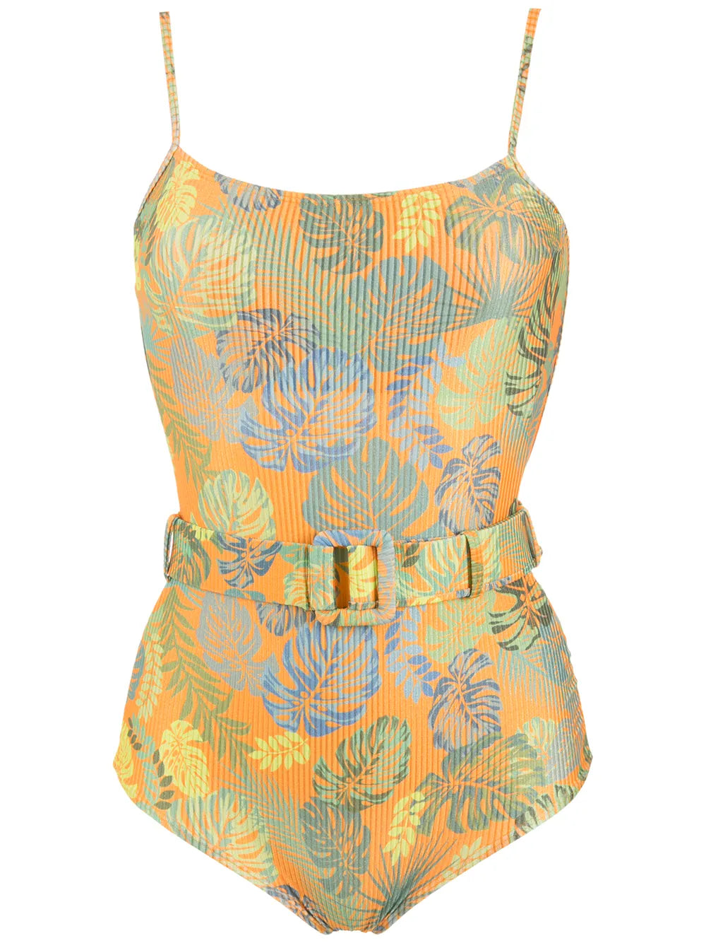Palm Leaf Print Belted Swimsuit