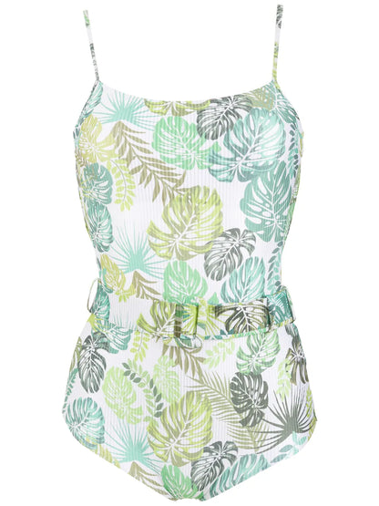 Palm Leaf Print Belted Swimsuit