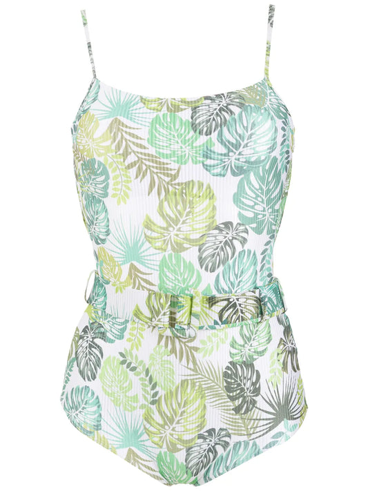 Palm Leaf Print Belted Swimsuit