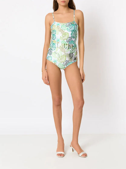 Palm Leaf Print Belted Swimsuit