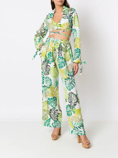 Palm Leaf Print Straight Trousers