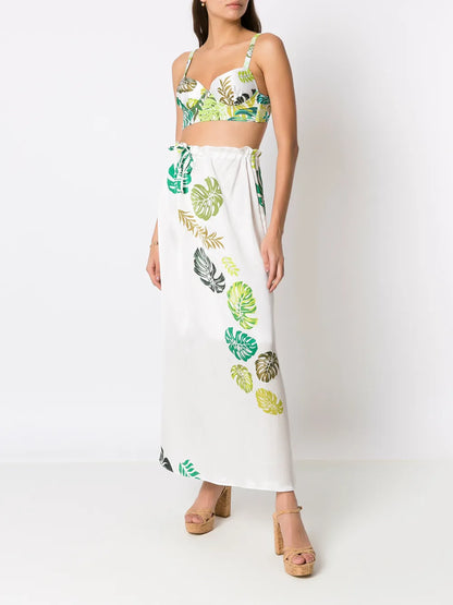 Palm Leaf Print Midi Skirt