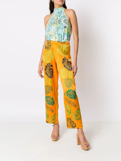 Palm Leaf Print Straight Trousers