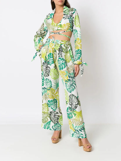 Palm Leaf Print Cropped Shirt
