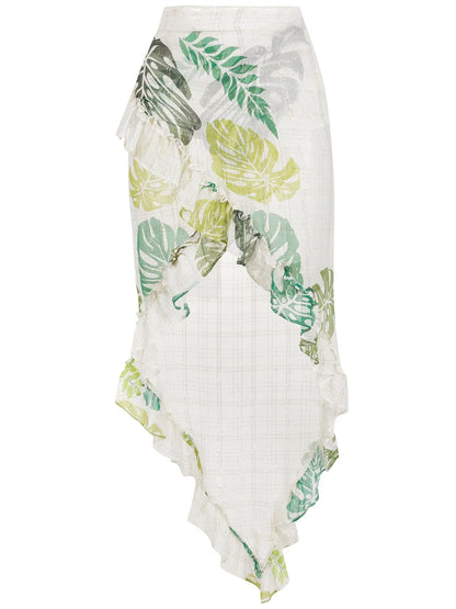 Palm Leaf Print Ruffle Skirt