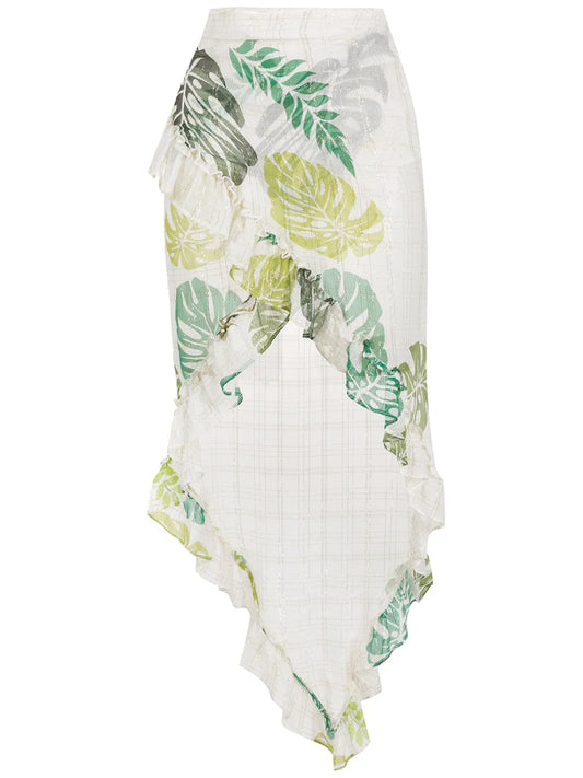 Palm Leaf Print Ruffle Skirt