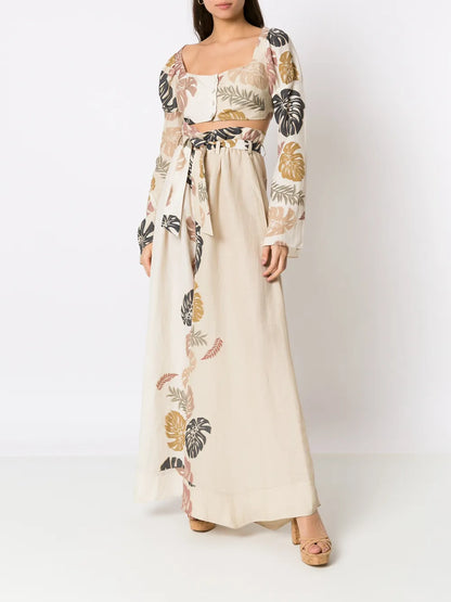 Palm Leaf Print Flared Trousers