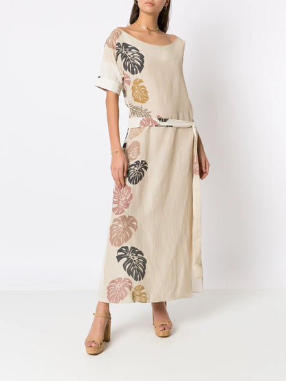 Palm Leaf Print Asymmetric Dress