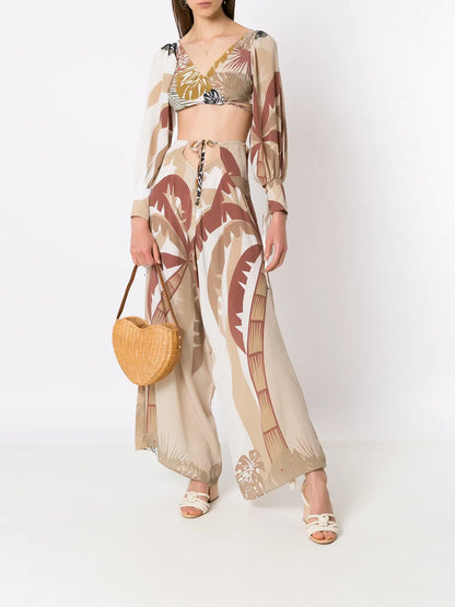Tropical Print Cropped Wrap Blouse