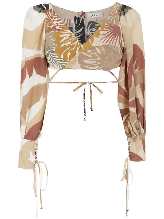 Tropical Print Cropped Wrap Blouse